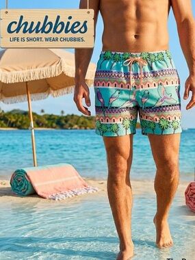 Chubbies Swim Trunks Mens L Tropical Aztec  Print Mesh Lined Shorts Parrots USA